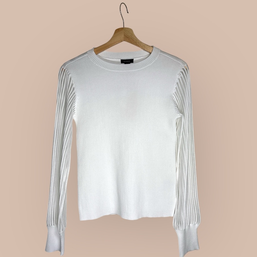 NWT Halogen White Sweater Blouse with Sheer Sleeves Long Sleeve Top